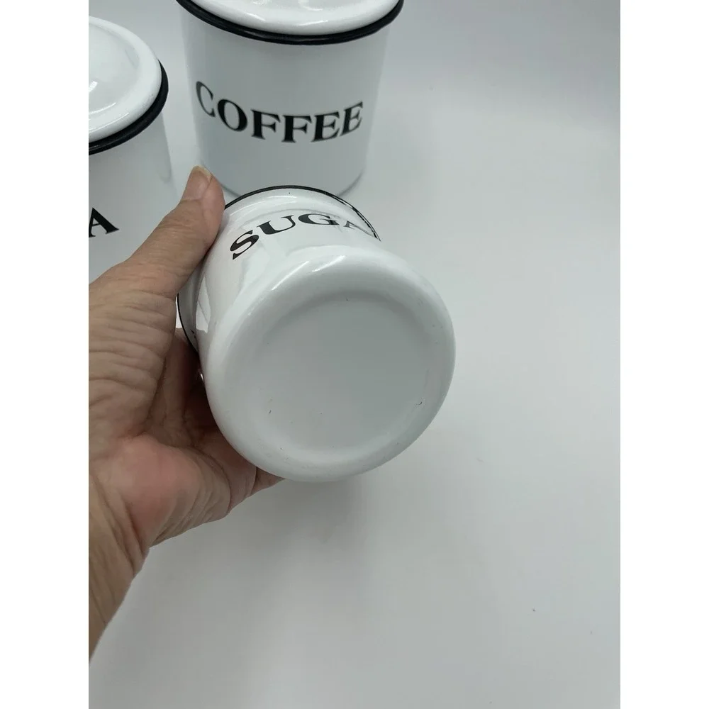 Farmhouse Coffee Tea Sugar White‎ Black Enamelware Canister Set Metal Cottage